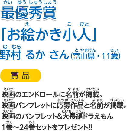 最優秀賞「お絵かき小人」野村　るかさん（富山県・12歳）＜賞品＞映画のエンドロールに名前が掲載。映画のパンフレットに応募作品と名前が掲載。映画のパンフレット＆大長編ドラえもん1巻～24巻セットをプレゼント!!